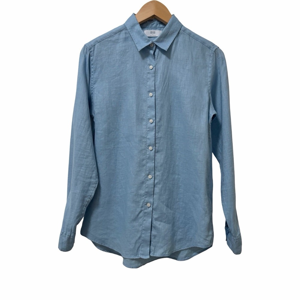 Uniqlo Womens 100% Linen Button Up Long Sleeve Shirt Size S Blue Coastal Summer